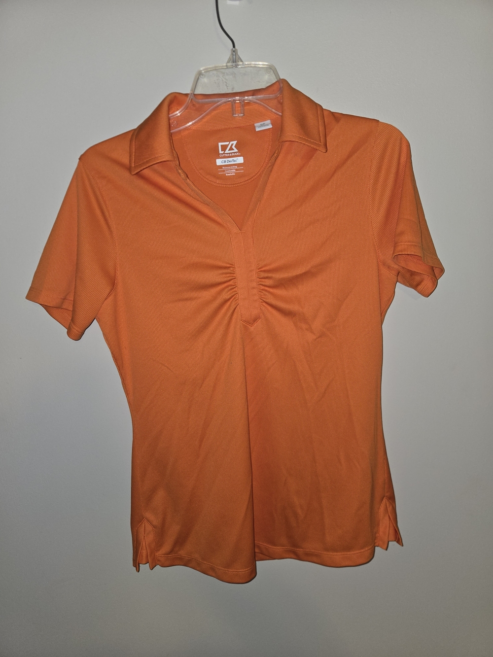 Womens Cutter & Buck Orange Short Sleeve Polo with Ruched V-Neck Size Small